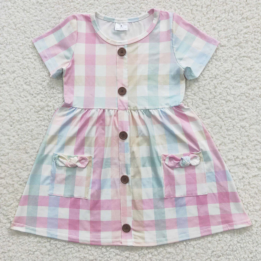 GSD0296 Baby Girls Pink Plaid Short Sleeve Pocket Knee Length Dresses 5.5