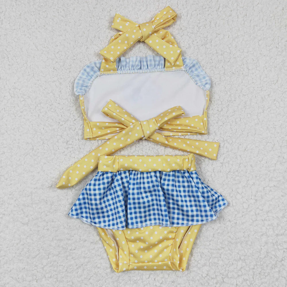 Baby Girls Yellow Princess Dots Tie Back Tow Pieces Swimsuits