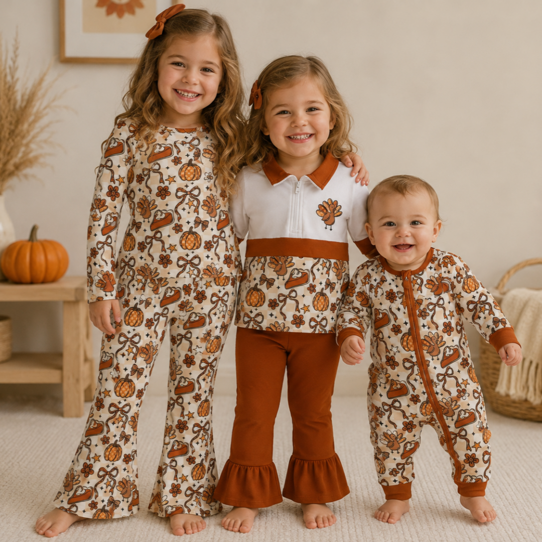 Sibling Baby Girls Bows Pumpkins Turkey Flare Pant Thanksgivings Zip Pullover Set Rompers
