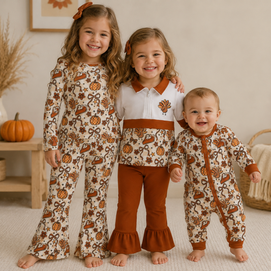Sibling Baby Girls Bows Pumpkins Turkey Flare Pant Thanksgivings Zip Pullover Set Rompers