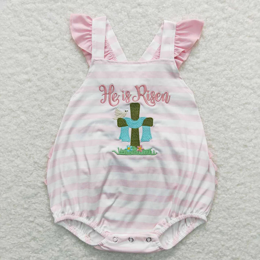Baby Girls Boys Easter He Is Risen Cotton Embroidery Sibling Outfit Romper