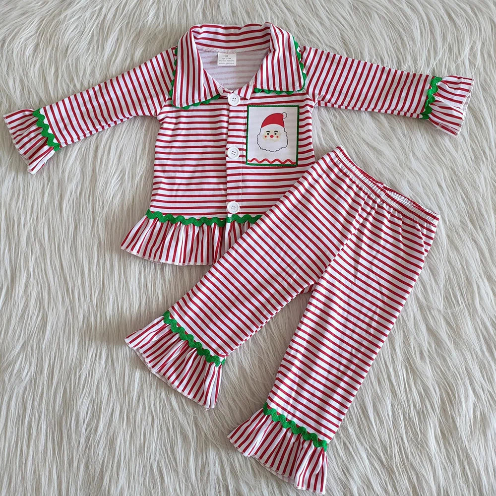 Sibling Toddler Girls Boys Christmas Santa Red Striped Buttons Pajama Set