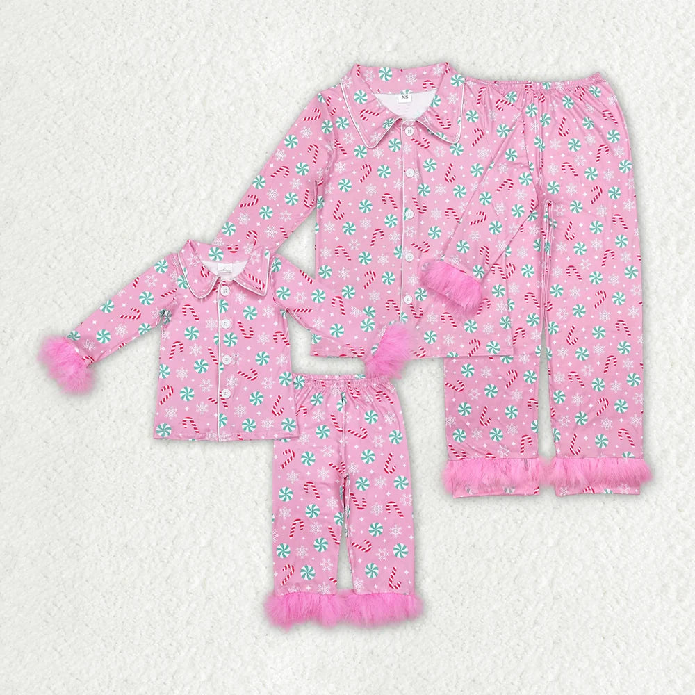 Mama and Me Pink Candy Cane Button Top Pants Christmas Fur Pajamas Sets