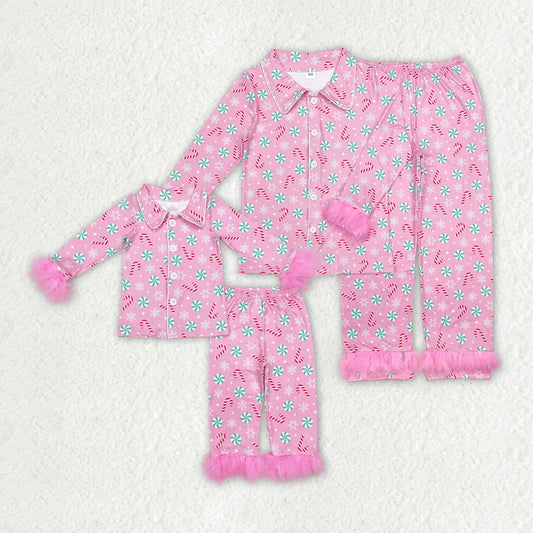 Mama and Me Pink Candy Cane Button Top Pants Christmas Fur Pajamas Sets
