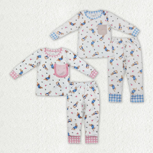 Sibling  Girls Boys Easter Bunny Pocket Long Sleeve Pajama Set