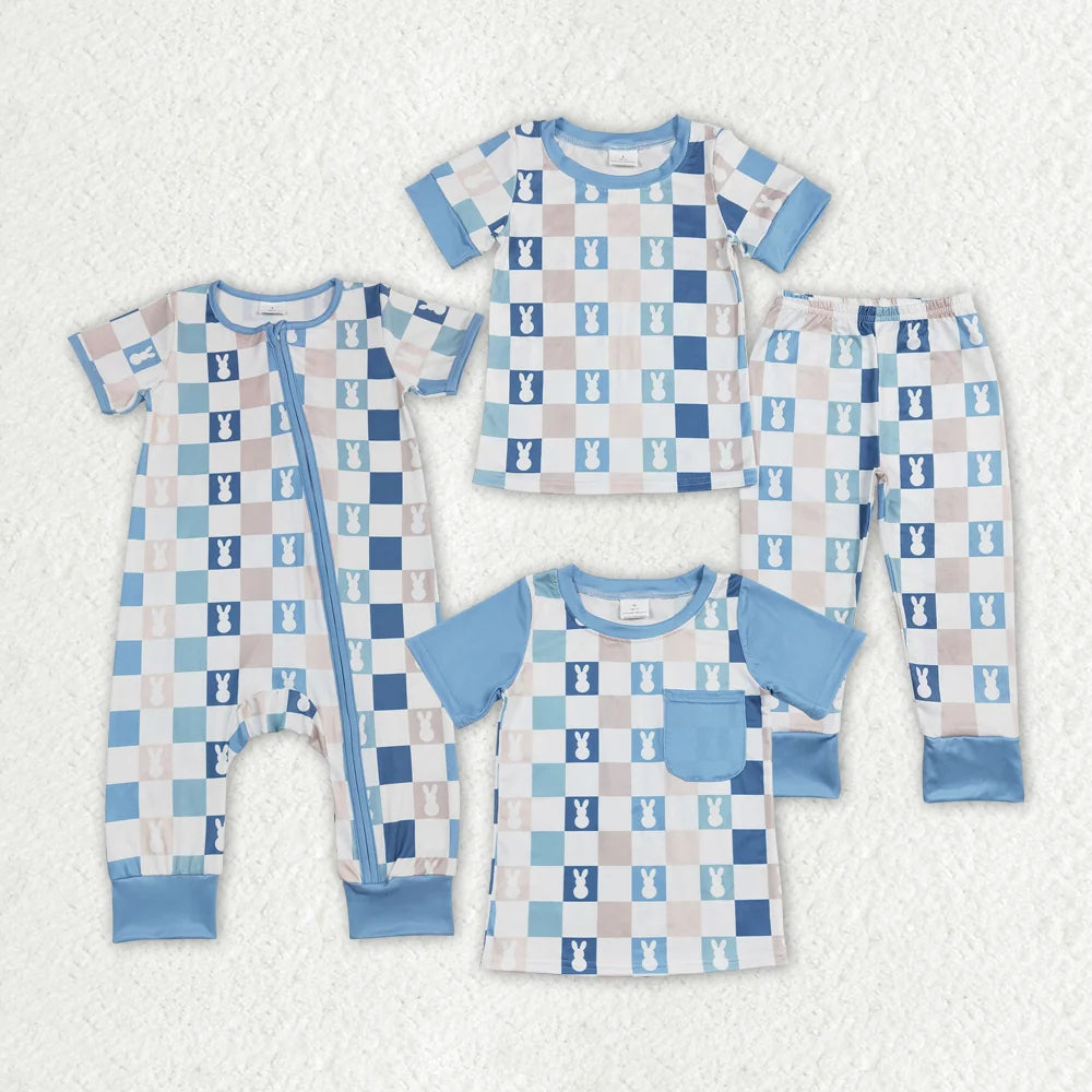 Sibling Baby Boys Blue Black Rabbits Checked Short Sleeve Pajam  Set Romper T-shirts