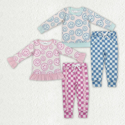 Sibling Baby Girls  Smile Face Long Sleeve Top with Checkec Pants Outfit