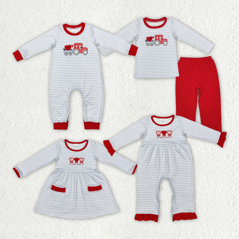 Sibling Baby Girls  Embroidery Valentine Heart Truck Outfit Dress Romper