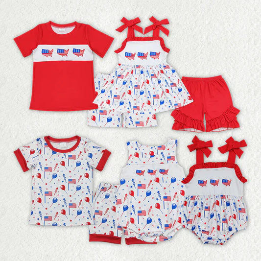 Sibling Boys Baby Girls 4th Of July Flags Balloons Kids Outfits Sets