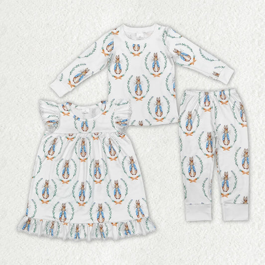 Sibling Baby Girls Boys Easter Rabbit Dress+Pajama Set