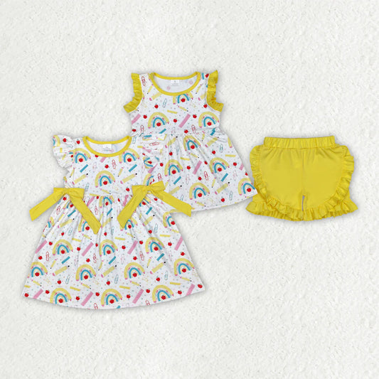 Sibling Baby Girls Rainbow Back To School Dresses Outfits Sets