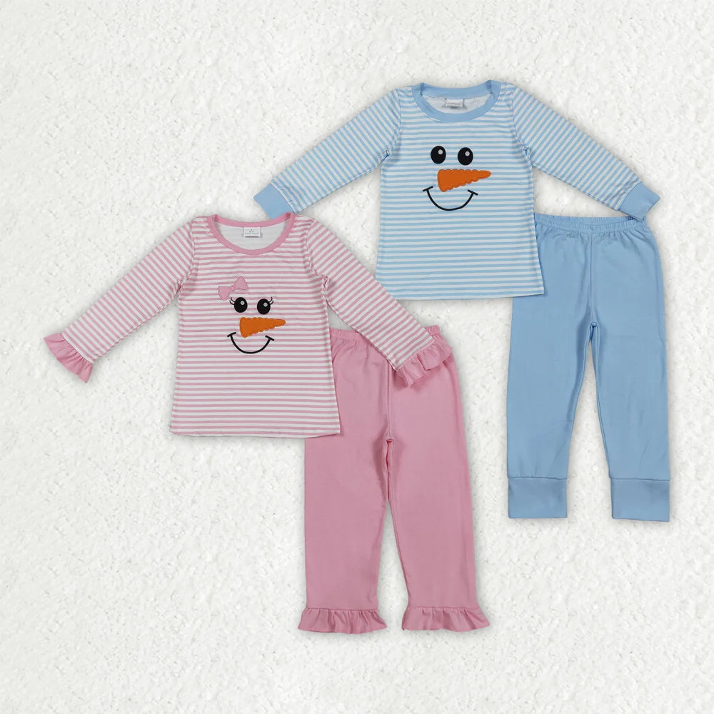 Sibling Baby Girls Boys Embroidery Christmas Snowmen Long Sleeve Outfit