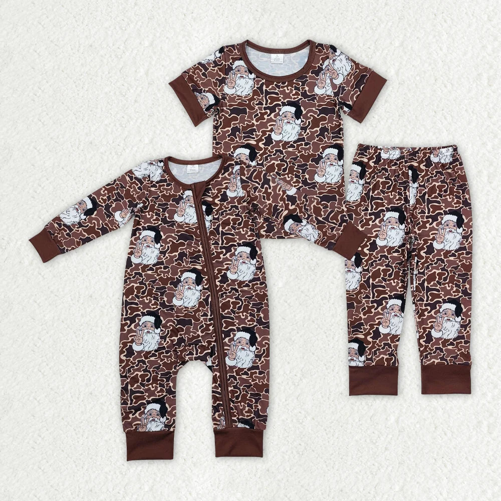Sibling Baby Boys Brown Cano Christmas Santa Pajama Set Zipper Romper