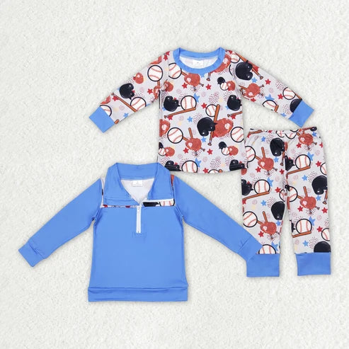 Sibling Baby Boys Baseball Long Sleeve Pajama Set Zipper Pullover Top