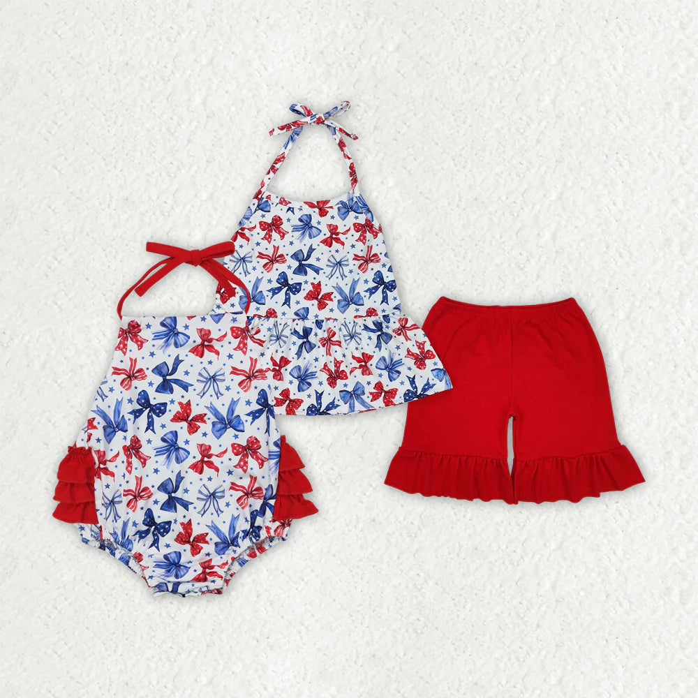 Sibling Baby Girls 4th of July Bows Halter Shorts Set Rompers