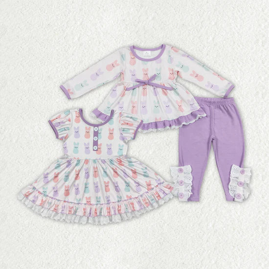 Sibling Baby Girls Toddler Easter Bunny Dresses Clothes Sets