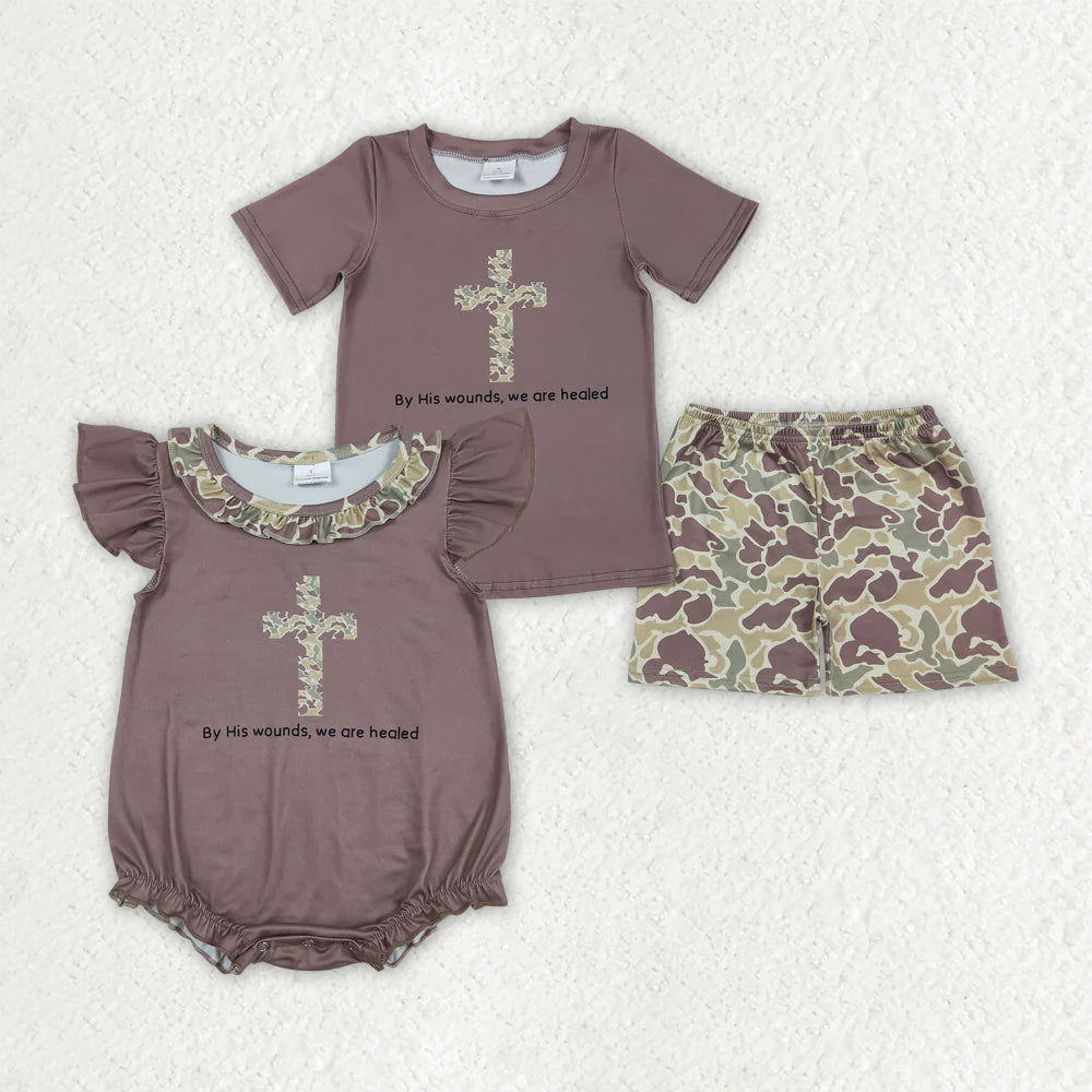 Sibling Baby Boys Brown Cross Camouflage Easter Rompers Outfits