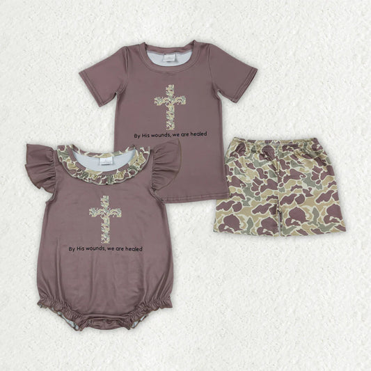 Sibling Baby Boys Brown Cross Camouflage Easter Rompers Outfits