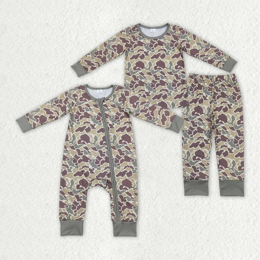 Sibling Baby Boys Hunting Green Camo Long Sleeve Pajama Set and Zipper Romper