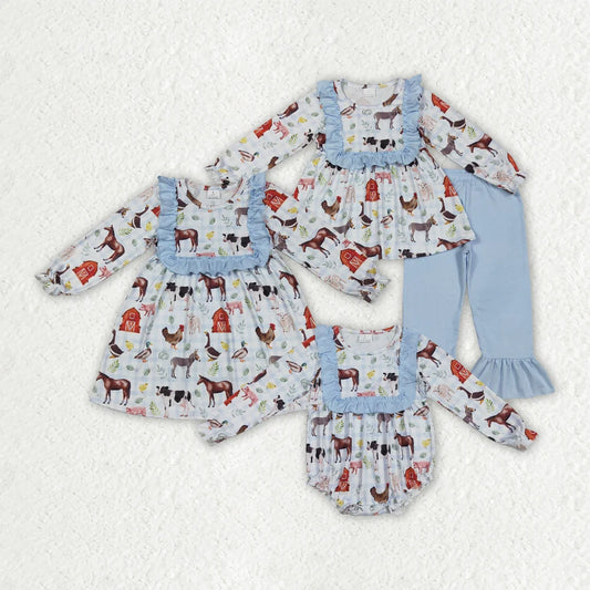 Sibling Baby Girls Farm House Animals Rompers Dresses Outfits