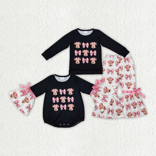 Sibling Baby  Girls Highland Cow Bow Bell Bottom Pants Outfit Romper