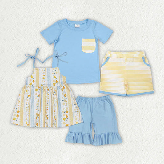 Sibling Boys Baby Girls Yellow Floral Bows Summer Outfits Sets