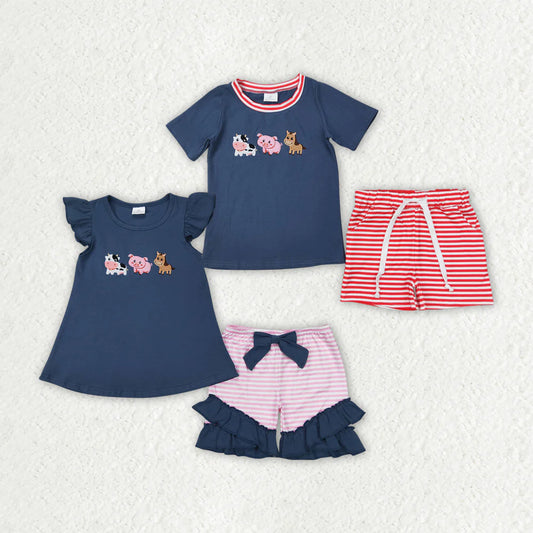 Sibling Embroidery Boys Baby Girls Blue Farm Animals Summer Outfit