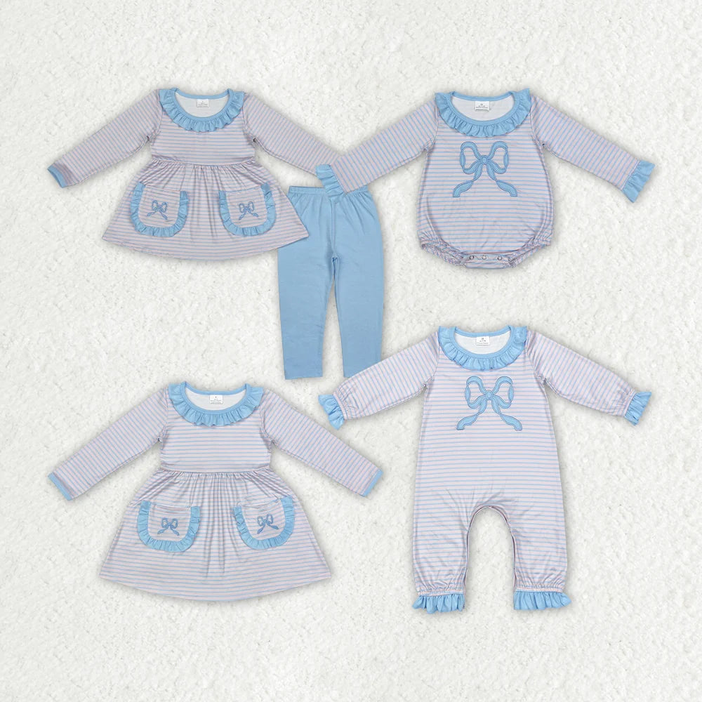 Sibling Baby Girls Pink Blue Striped Bow Outfit Dress Romper