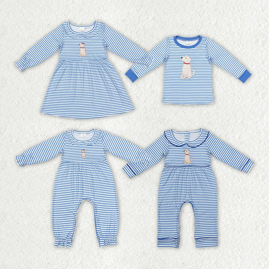 Sibling Baby Girls Boys  Embroider Puppy Blue Striped Top Dress Romper