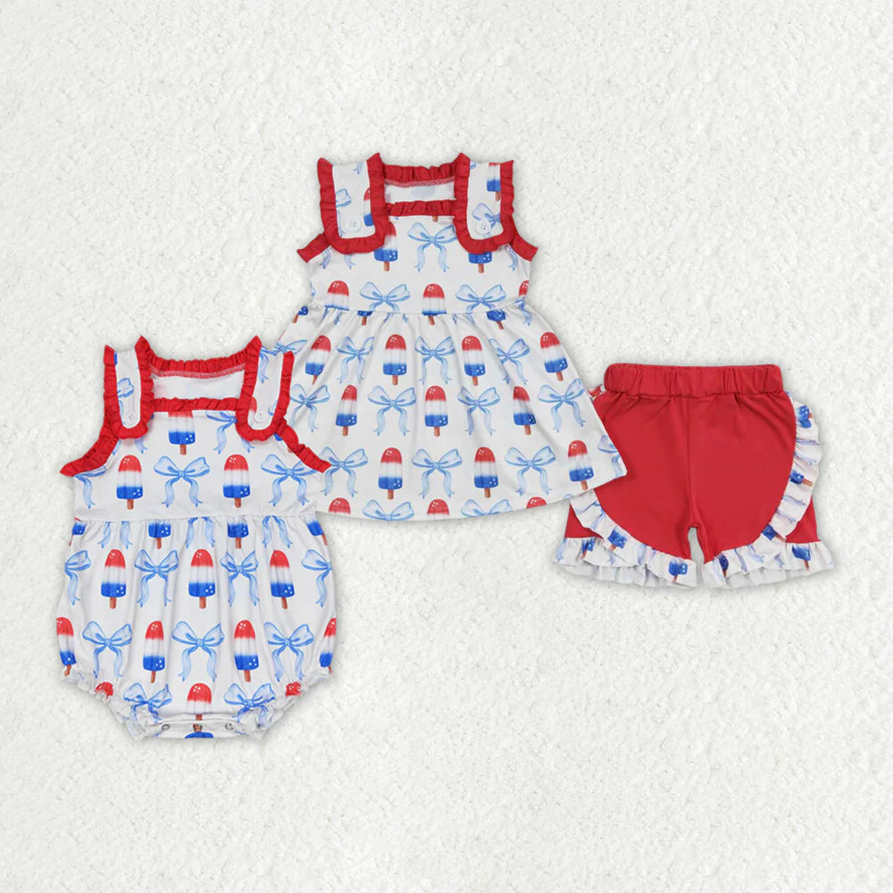 Baby Girls Popstick Bows Sibling Sister July 4th Outfit Rompers