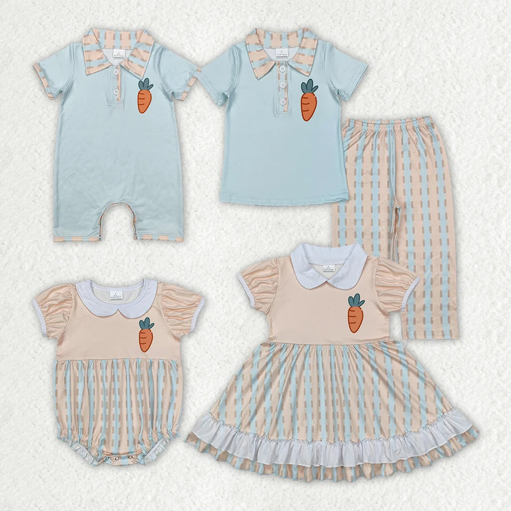 Sibling Baby Girls Boys Easter Carrot Pants Outfit Dress and Romper