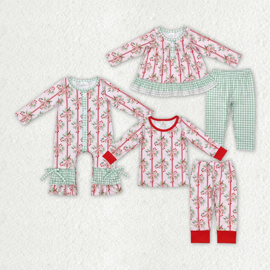 Sibling Baby Girls  Christmas Holly Bow Outfit Romper