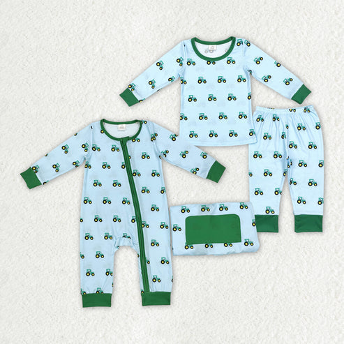 Sibling Baby Boys Green Tractors Long Sleeve Pajama Set Romper