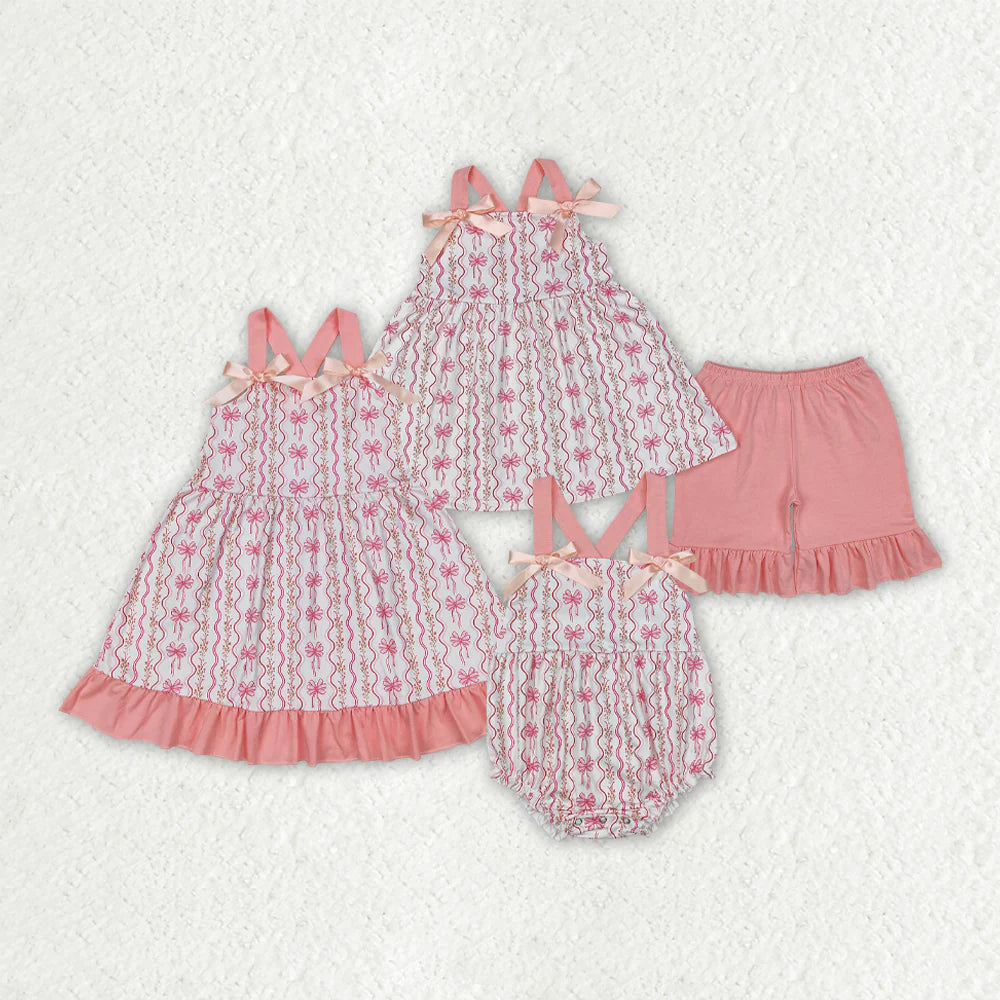 Sibling Baby Girls Pink Flowers Bows Rompers Dresses Outfits