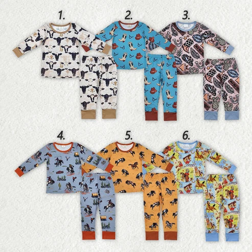 Sibling Baby Boys Western Rodeo Cows Horse Pajama Set