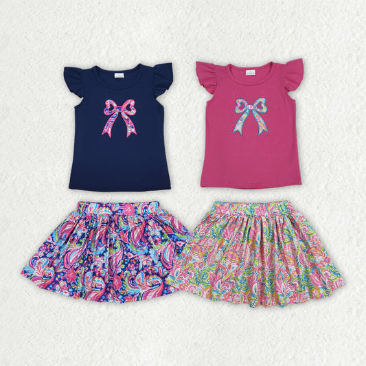 Sibling Embroidery Baby Girls Navy Bow Shirts Shorts Skirt Outfit