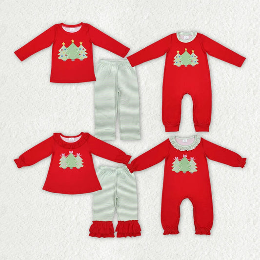 Sibling Baby Girls Boys Christmas Tree Striped Pants Outfit and Romper
