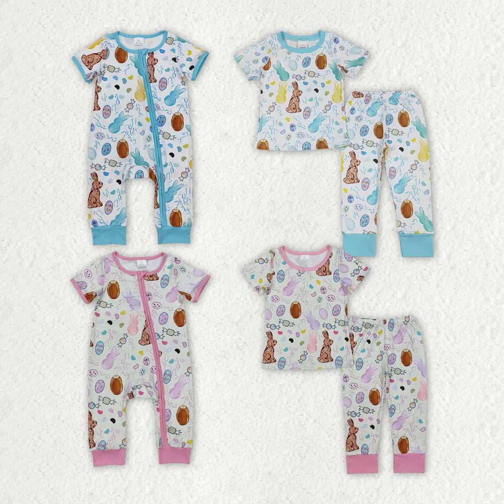 Sibling Baby Girls Boys Easter Rabbit Egg Shor Sleeve Pajama Set Zipper Romper