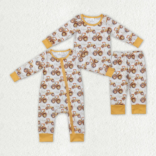 Sibling Boys Long Sleeve  Farm Trucks Long Sleeve pajama Set Romper