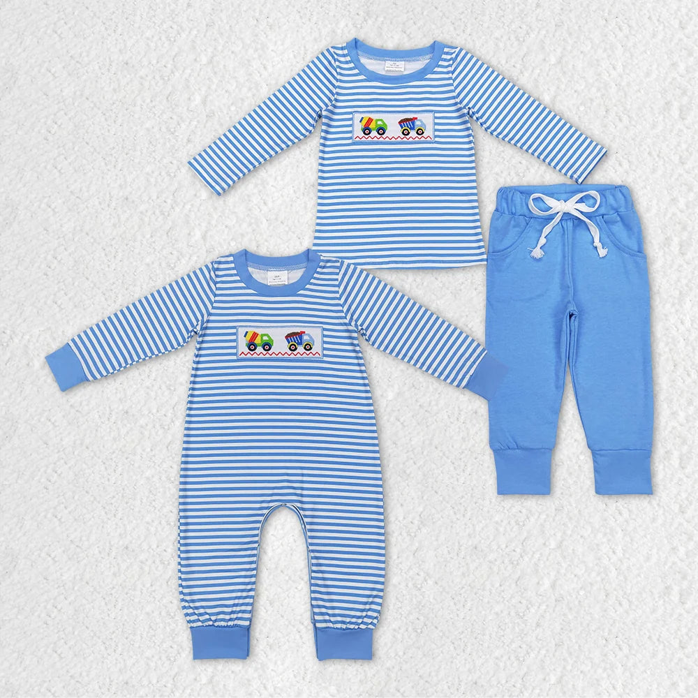 Sibling Baby Boys Construction Blue Striped Long Sleeve Pants Pajama Set
