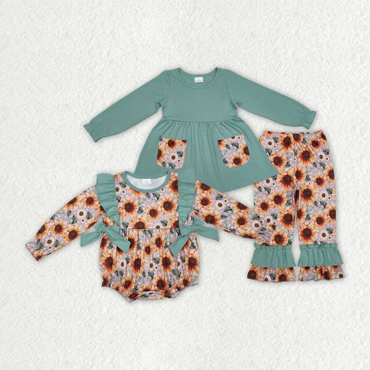 Sibling Baby Girls Sunflower Tunic Top Ruffle Pants Outfit and Bubble Romper