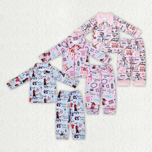Sibling Baby  Girls  Singer Buttons Long Sleeve Top Pants Pajama Set