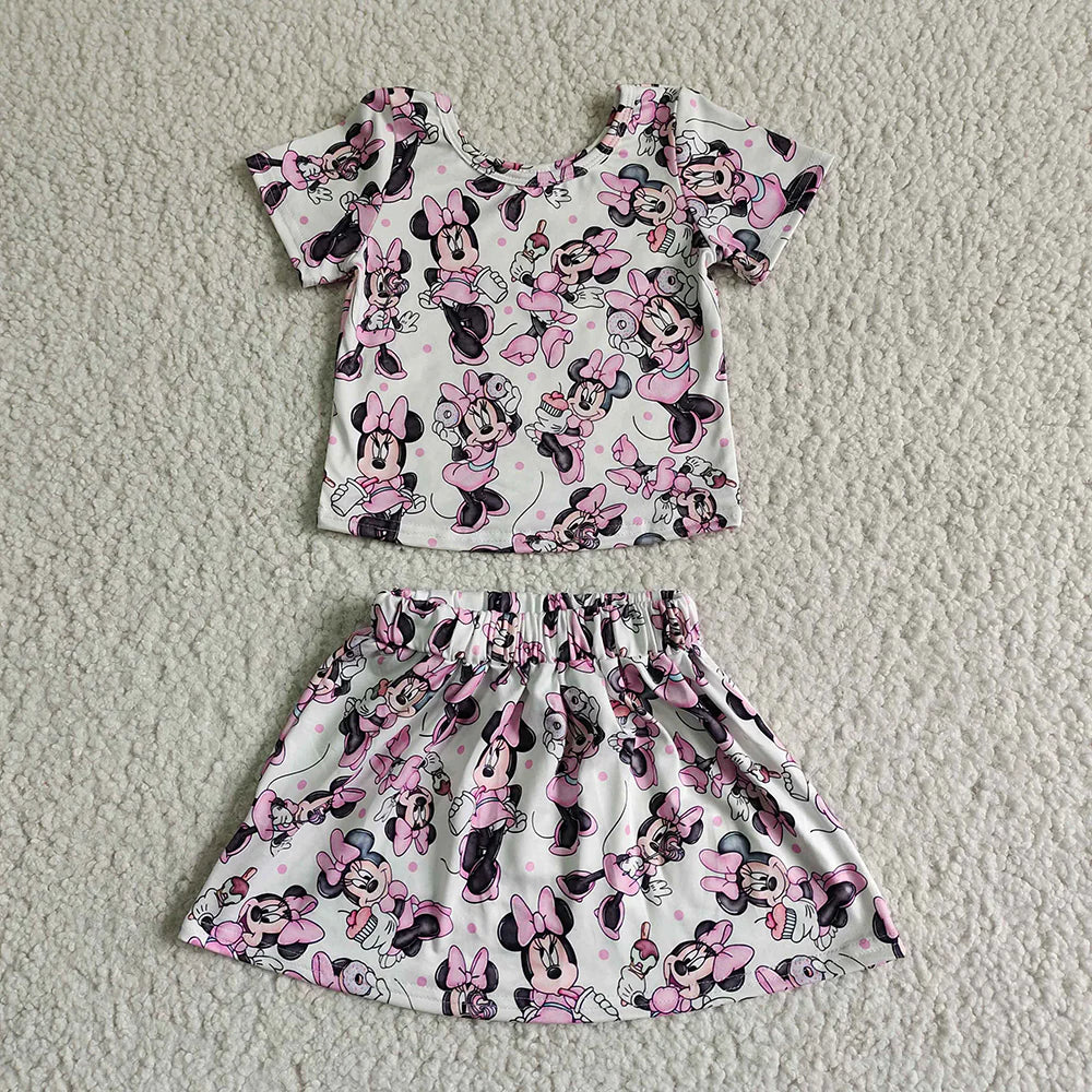 Sibling Baby Girls Cartoon Short Sleeve Top with Skirt Outfit