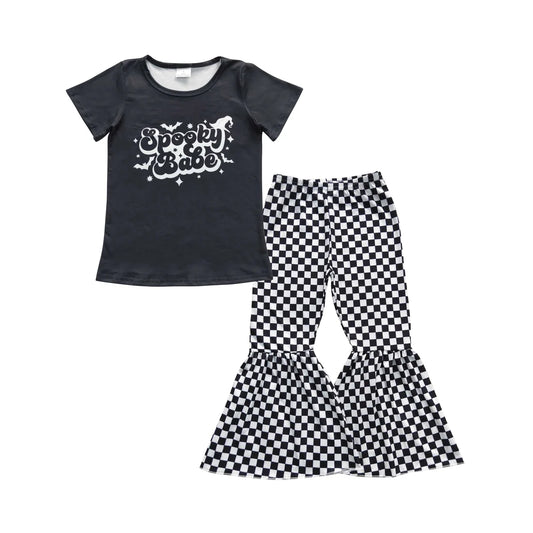 Baby Girls  Spooky Babe Shirts Top Checked Bell Bottom Pants Outfit