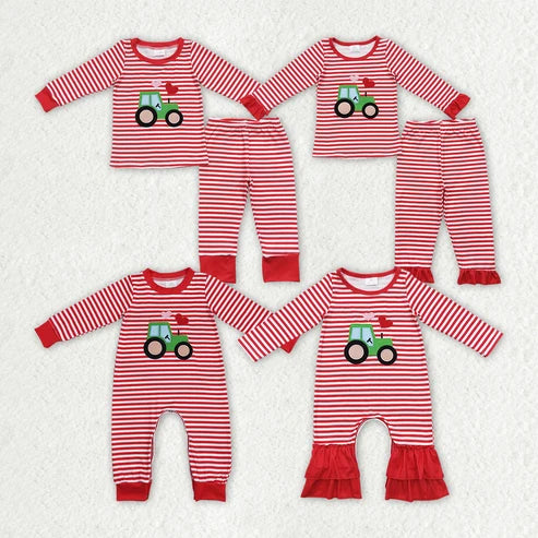 Sibling Baby Girls Boys Valentine Tractor Heart Striped Pajama Set Romper