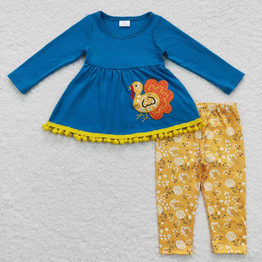 GLP0720 Turkey Embroidery Blue Pompom Tunic Top Flowers Legging Pants Girls Thanksgiving Clothes Set