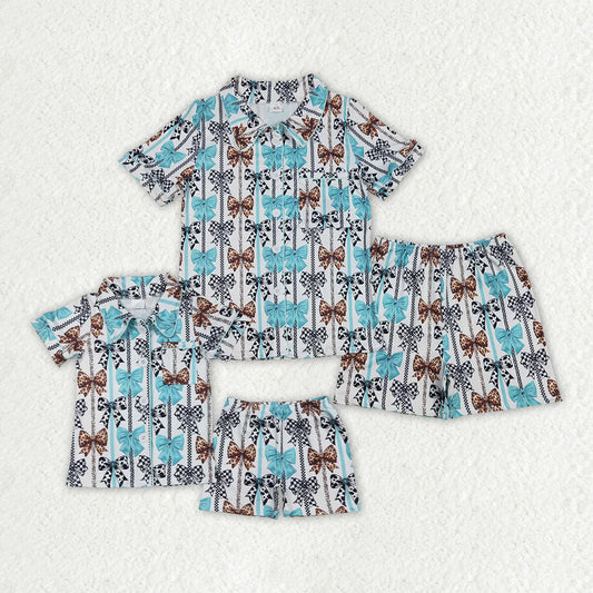 Mommy & Me Bow Print Button-Up Pajama Set – Turquoise Mix