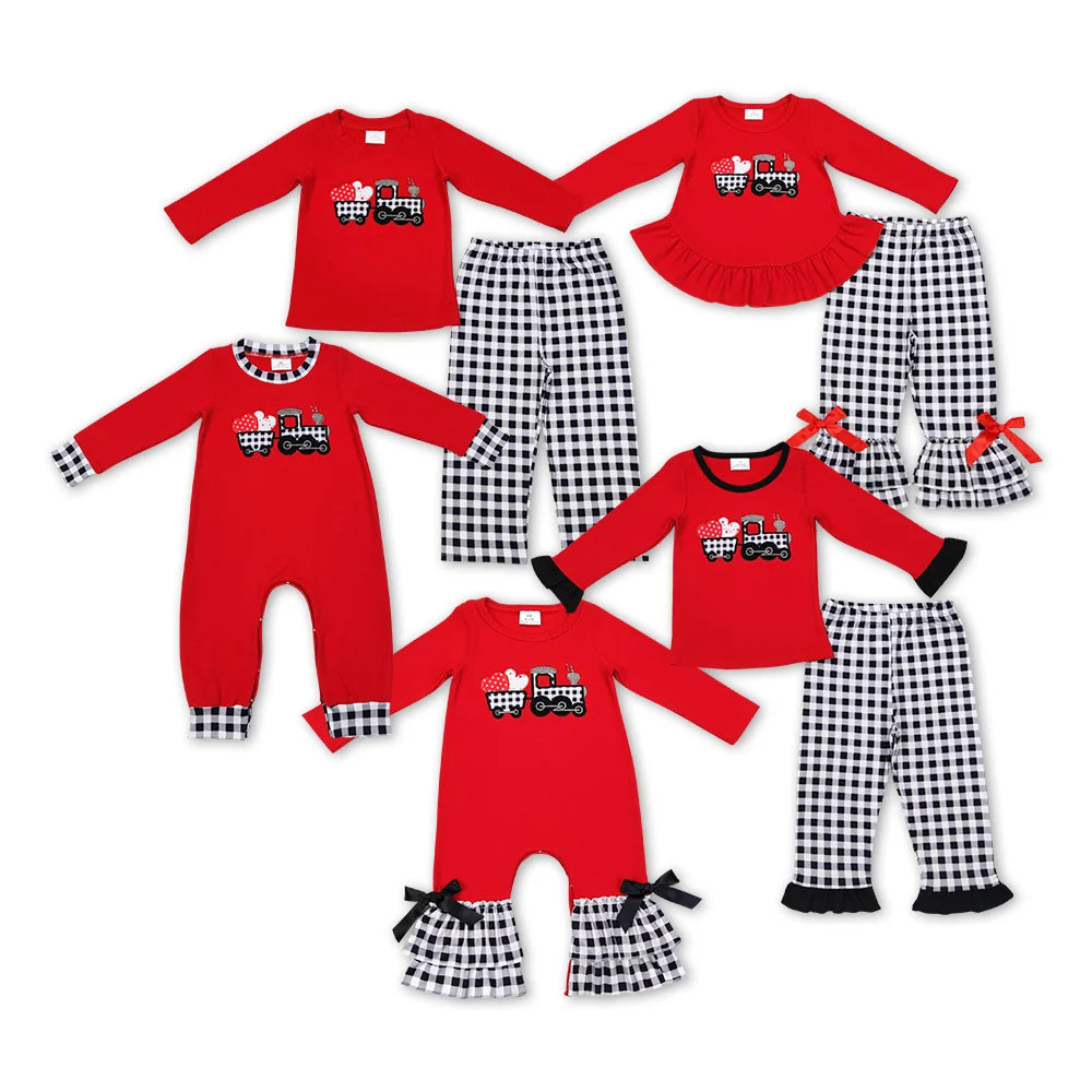 Sibling Baby Boys Girls Embroidery Valentines Heart Tractor Pants Outfit Romper