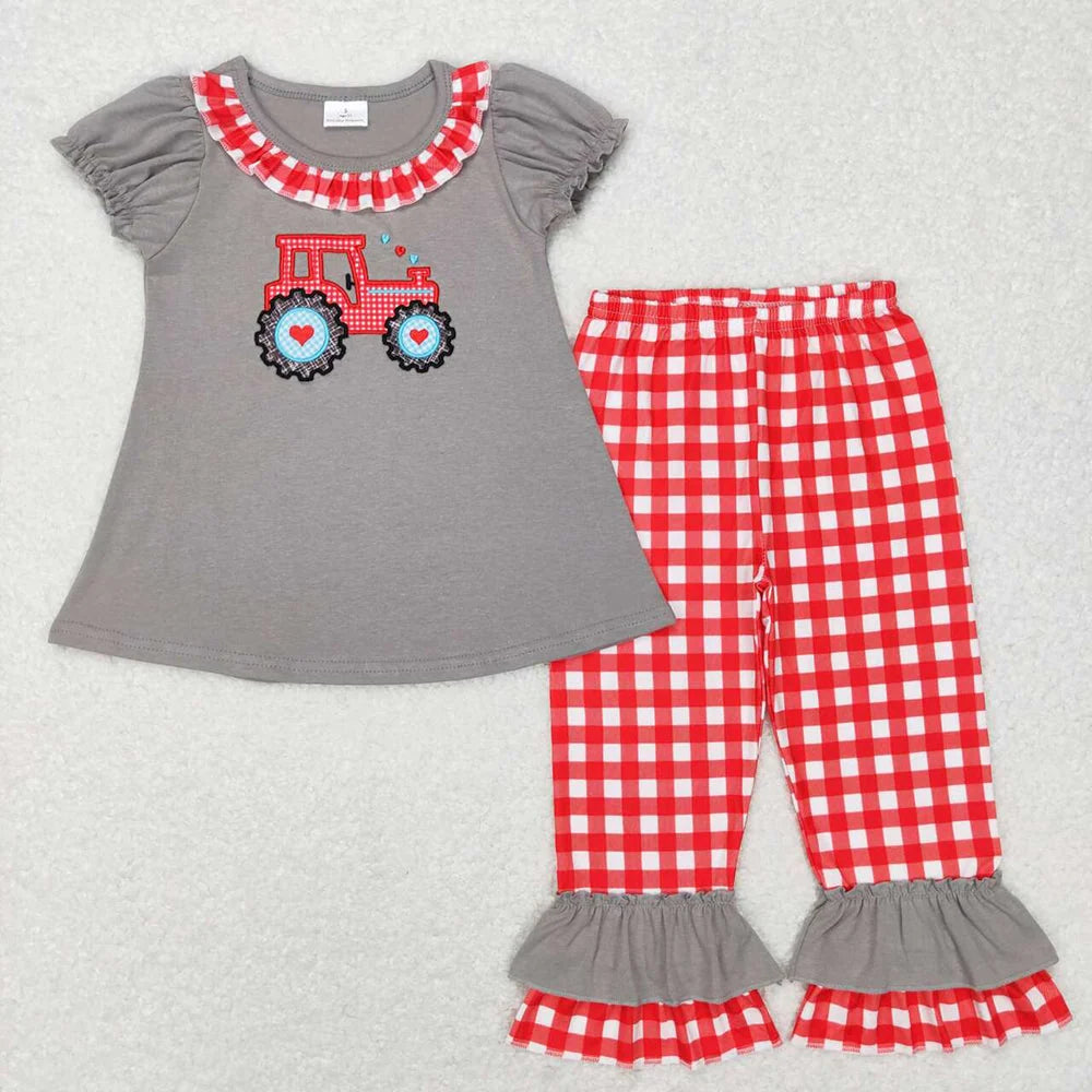 Sibling Baby Girls Boys Valentine Tractor Heart  Short Sleeve Top Pants Outfit Romper