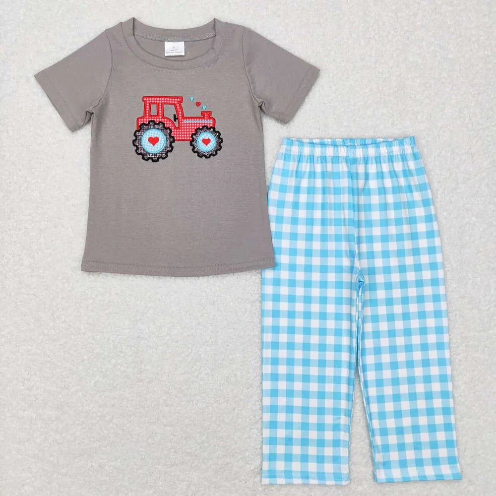 Sibling Baby Girls Boys Valentine Tractor Heart  Short Sleeve Top Pants Outfit Romper